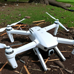 **Drone crash scene:** A damaged drone lying amidst scattered debris in a park, highlighting the need for insurance coverage against accidents. (Focus: emphasizes the potential for accidents)