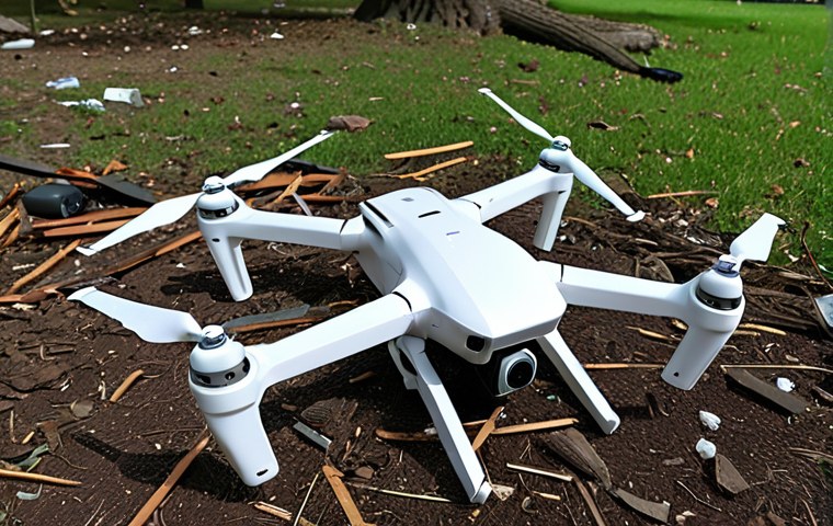 **Drone crash scene:** A damaged drone lying amidst scattered debris in a park, highlighting the need for insurance coverage against accidents. (Focus: emphasizes the potential for accidents)