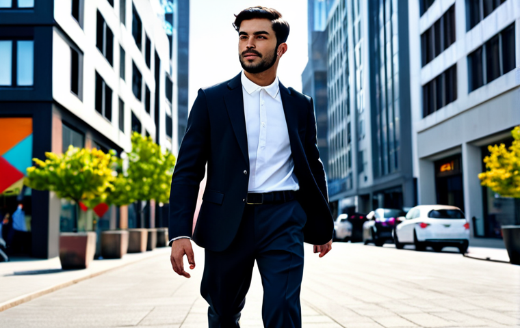A professional individual, fully clothed in a smart casual ensemble featuring a modest, tailored jacket and well-fitted dark trousers, confidently walking through a vibrant urban street. They are wearing classic vintage sneakers (e.g., retro Nike Cortez style) that subtly stand out. The background features modern architecture and blurred city life, suggesting a dynamic blend of past and present trends. The subject's posture is natural and poised, embodying urban sophistication and comfort. fully clothed, appropriate attire, safe for work, professional, perfect anatomy, correct proportions, natural pose, well-formed hands, proper finger count, natural body proportions, high-quality professional photography, detailed, bright lighting.